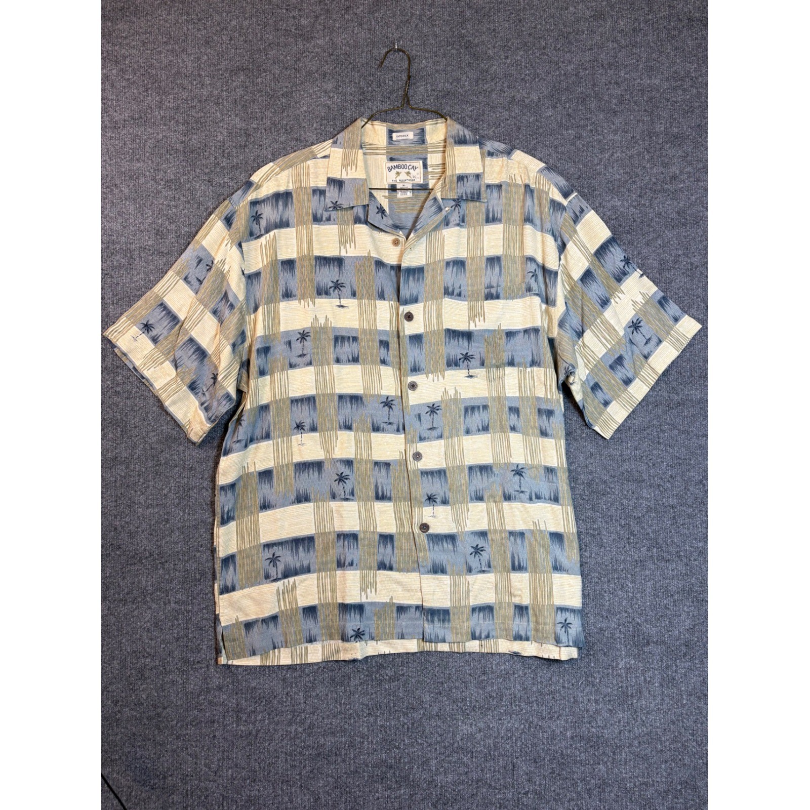 Bamboo Cay Mens XL Silk Button Down Shirt Blue Tan Palm Tree Resort Camp Aloha