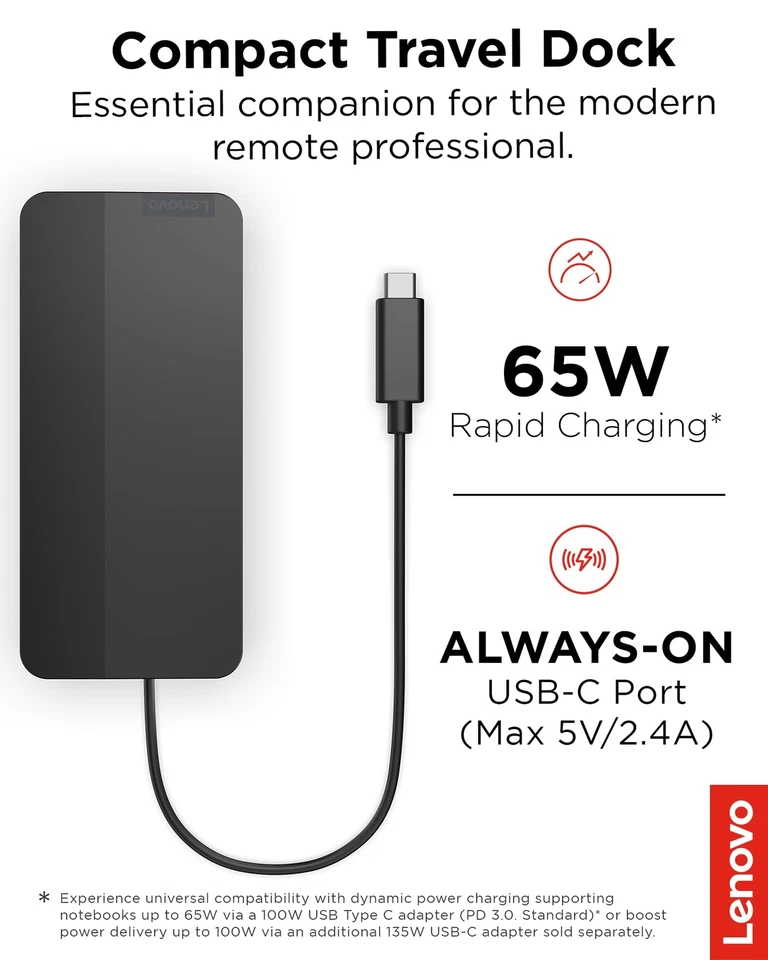 Base de viaje Lenovo USB C doble pantalla 7 puertos 4K HDMI DP 100W PD Foto 2 de 4