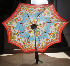 Child-Size Asian Parasol Umbrella Cloth Wood Animal Musicians Springtime Doll