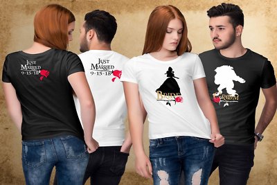 Beauty and The Beast Disney Bride & Groom Just Married Front and Back Customized