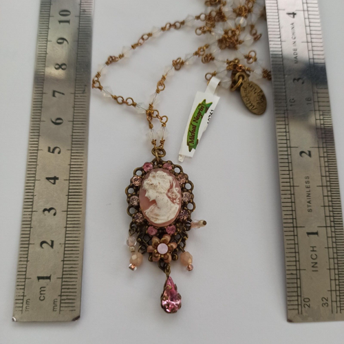 Michal Negrin Necklace Cameo Large Pink Rosery Crystals Chain Victorian Revival - Picture 8 of 18