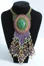 Seed Beaded Artist Design Drop Down Pendant Fringe Green Gemstone Necklace Sign