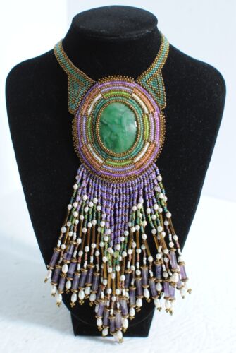 Hand Beaded Artist Design Drop Down Pendant Fringe Green Gemstone Necklace Sign - Picture 1 of 14