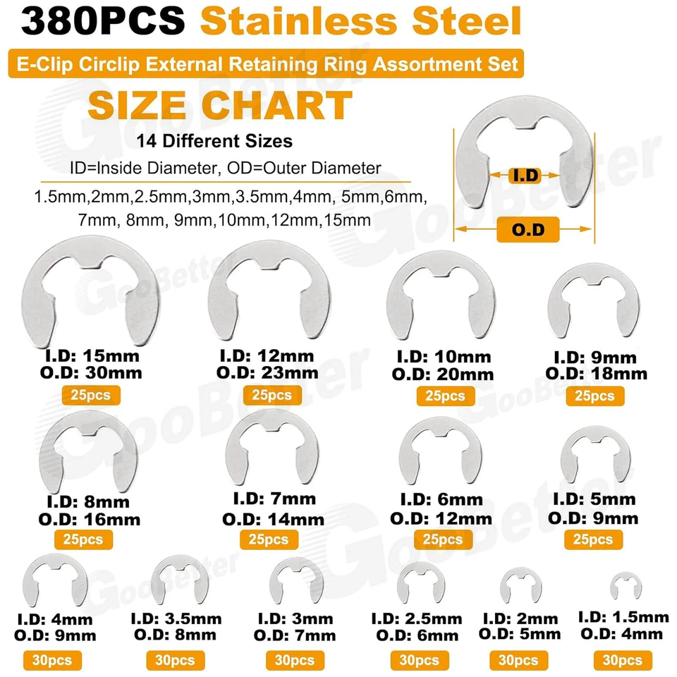 Juego de anillos de retención externos de clip electrónico de acero inoxidable de 380 piezas 14 tamaños Foto 2 de 4