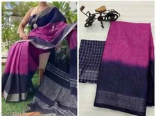 New Linen Cotton Sari With Unstitched Blouse Piece Party Wedding Wear For Women