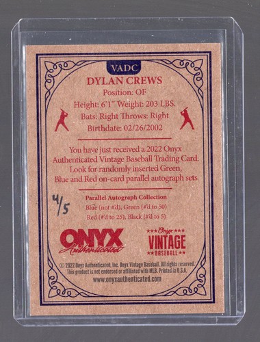 Dylan Crews 2022 Onyx Vintage Black Ink Auto 4/5 - Picture 2 of 2