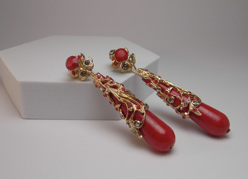 Boucles D'Oreilles Femme Verre de Murano Rouges D'Or Style Liberty Vintage - Photo 3 sur 11