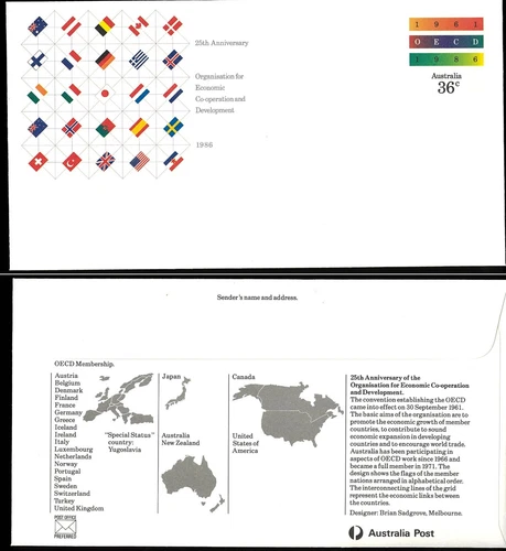 1986 Australia Mint OECD 25th Anniversary PSE World Flags Commemorative Envelope