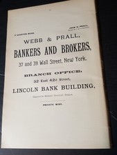◇ Anuncio impreso original de 1896 WEBB & PRALL Banker and Broker Wall St New York City