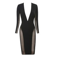 House of CB Niida Black Sheer Panel Bodycon Dress Deep V Long Sleeve Dress XS