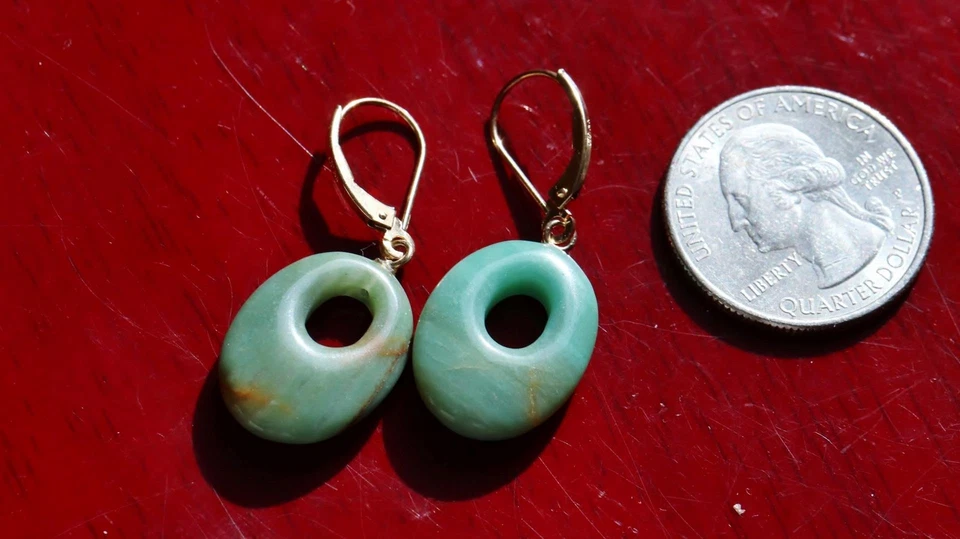 Pendientes oro amarillo 14k 1.48" jade verde natural colgante vintage 4.65gr N3966 Foto 4 de 4