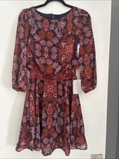 Vince Camuto Navy Floral Long-Sleeve A-Line Dress with Rust & Mauve Accents