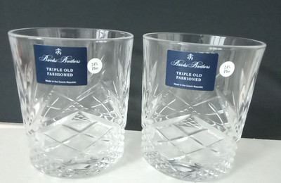2x BROOKS BROTHERS Triple Old Fashioned Euro Crystal Whiskey Glasses CZECH - NWT