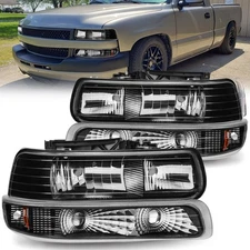 Black Headlights Bumper Lamps For 1999-2002 Chevy Silverado/00-06 Tahoe Suburban