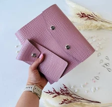 Pink Leather notebook cover A5 big binder 6 rings. Leather planner binder A5.