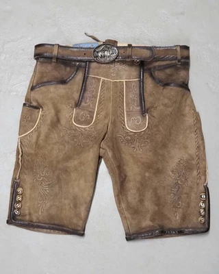 kurze Wildbock Lederhose hellbraun mit Gürtel antik look waxed Paspelierung Neu - Bild 1 von 4