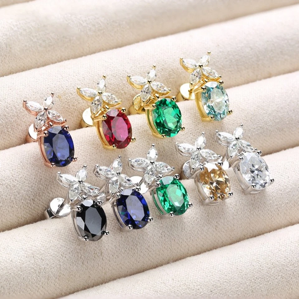 Oval Cut Moissanite&Lab Grown Ruby Sapphire Emerald Studs Earrings S925 Silver - Image 3 of 4