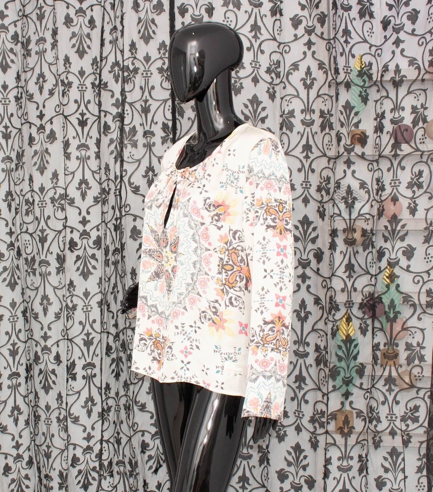 ODD MOLLY Blouse Ivory Aztec Satin Top Art Bohemian Viscose Size 3 UK16 Large - Image 4 of 4