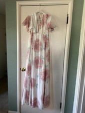 Show Me Your MuMu M White/Pink Floral Maxi Dress V-Neck Flutter Sleeve Ruffle