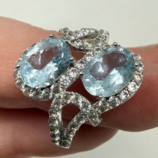 925 Sterling Silver Blue Topaz Aquamarine Bypass Halo Ring Size 7 FZN CN