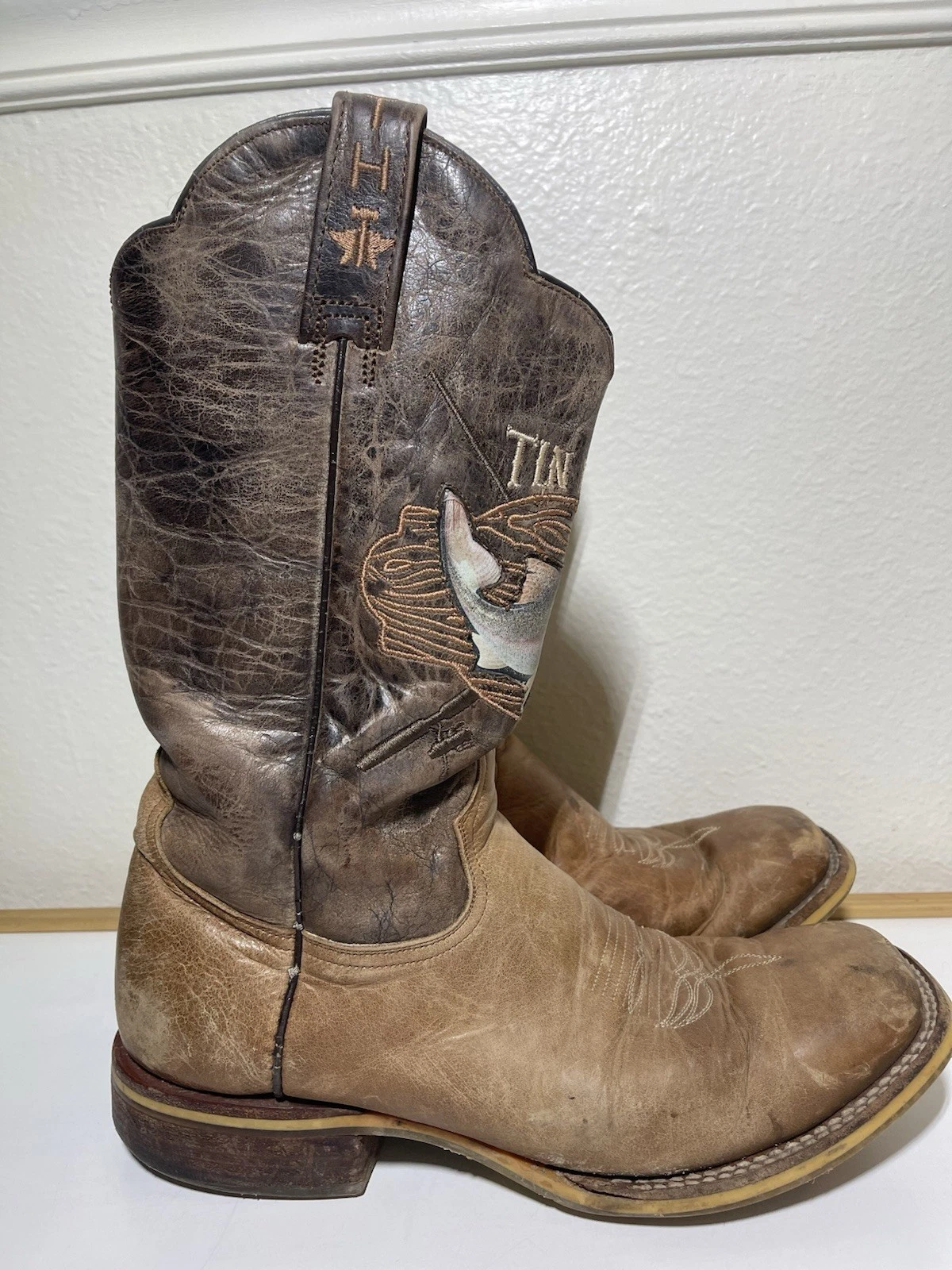 Tin Haul Alpha Angler Boots with Fishing Lure Sole Handcrafted Brown