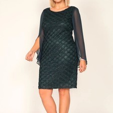 NWT Connected Women Dark Green Jacquard Metallic Cape Sleeve Sheath Dress Size 8