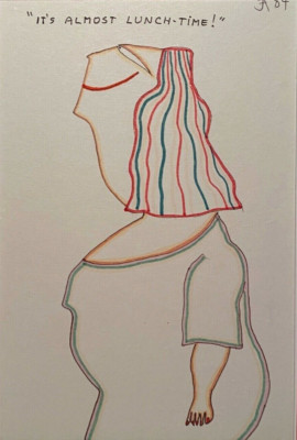 IT'S ALMOST LUNCH TIME SIGNED 1984 MODERNIST ABSTRACT FIGURE PORTRAIT DRAWING 