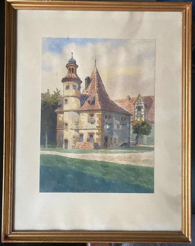::AQUARELL BURG SCHLOSS RENAISSANCE RATHAUS °ROTHENBURG O. TAUBER RAHMEN ANTIK - Bild 1 von 4