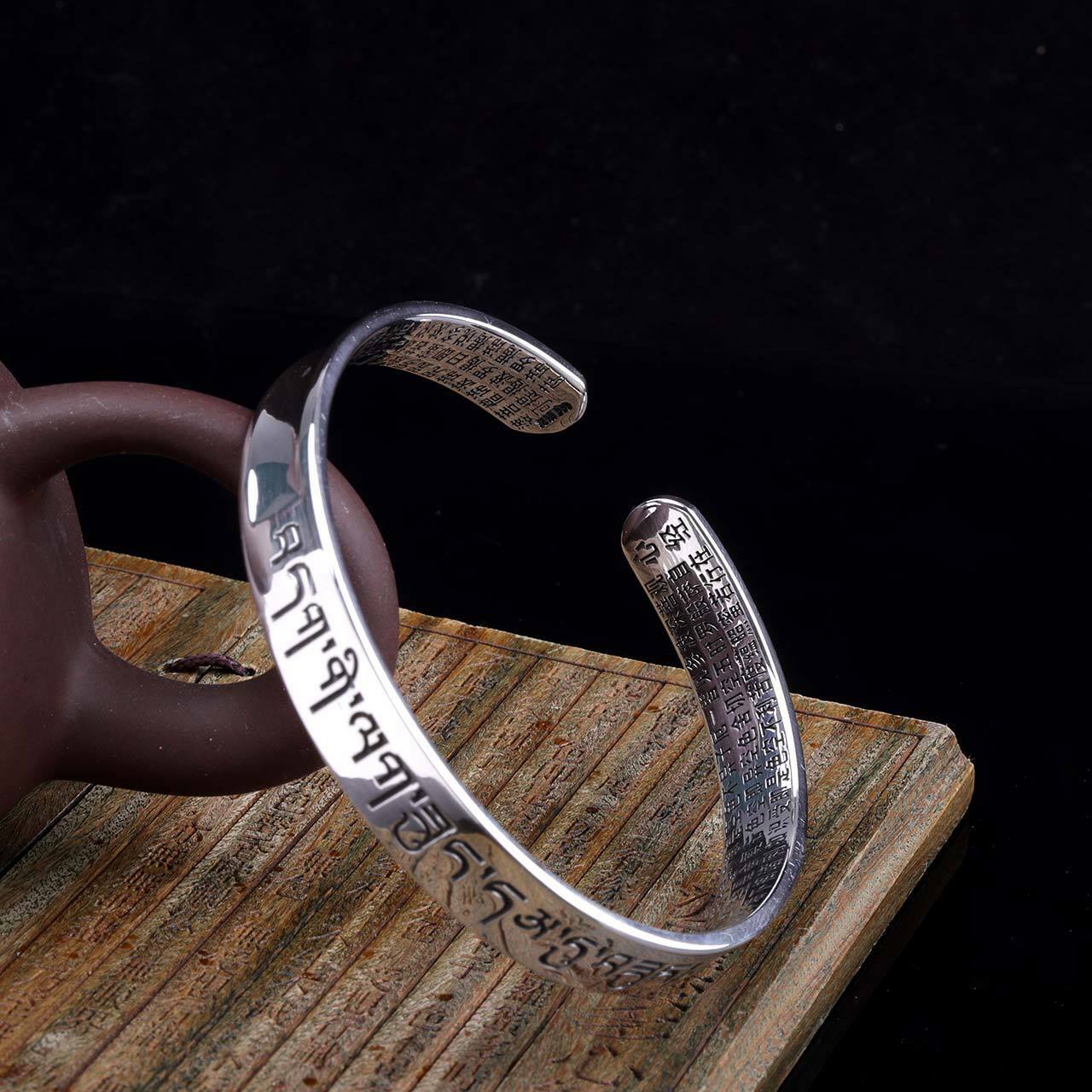 925 Sterling Silver Mantra Om Buddhism Heart Sutra Cuff Bangle Bracelet A2610