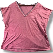 Shein Curve Women's Size 3XL XXXL V Neck Crinkle Short Sleeve Pink Cut Out Trim