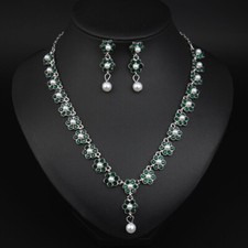 Women Prom Crystal Flower Pearl Pendant Necklace Earrings Bride Jewelry Set Gift