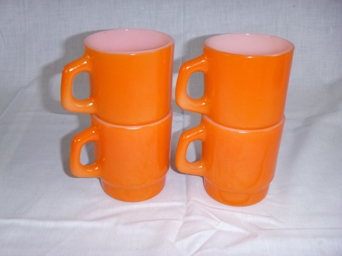 4 Vtg Anchor Hocking BRIGHT Orange D Handle Stackable Oven Proof Mugs Cups - Picture 5 of 5