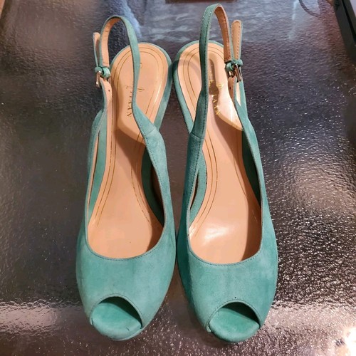 Cole Haan NikeAir Women's 7B Green Suede Gold Heel Gold Peep Toe - Picture 14 of 16