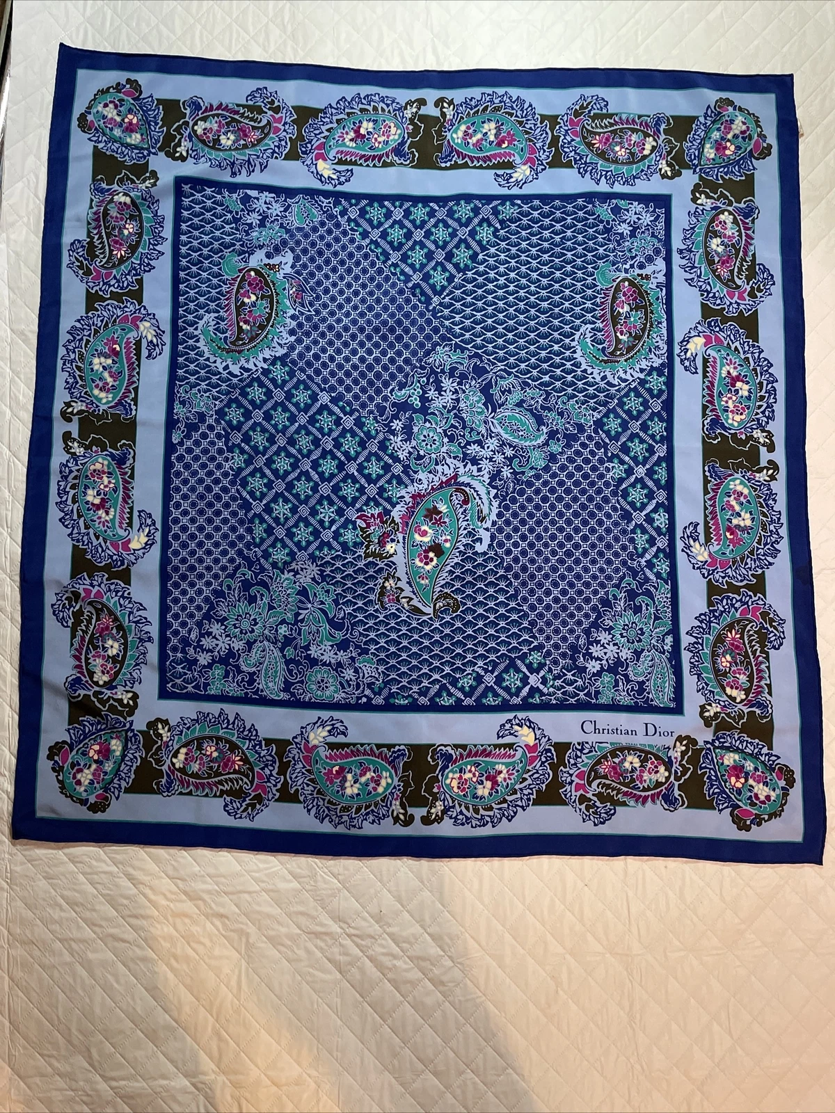 Écharpe en soie laminée à la main à motif Christian Dior bleu/multicolore Paisley 30