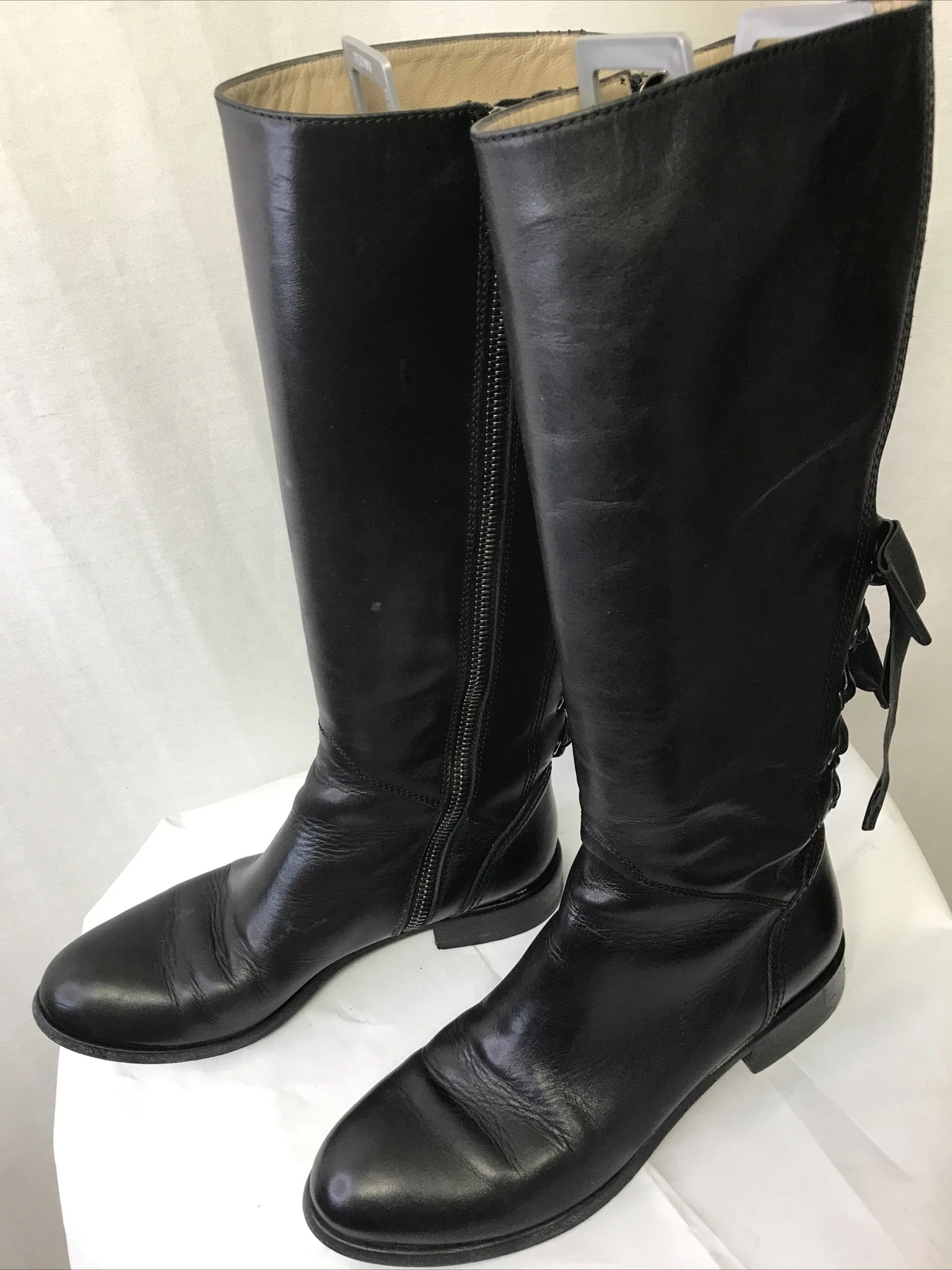 Authentic VALENTINO "Ascot" Black Leather Ribbon Riding Boots Size 39 $1695