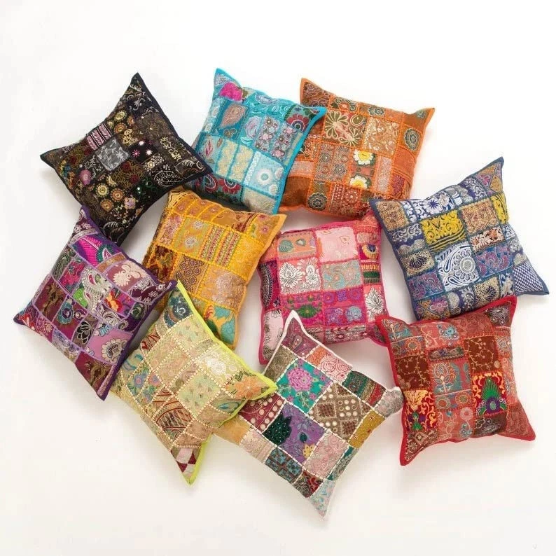 Indian 5 PCs Lot Multi Cushion Cover Patchwork Square Pillow Case 16x16"Handmade - Image 3 of 4