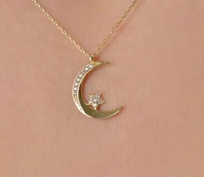 Round Cut Simulated Diamond 14k Yellow Gold Plated Stunning Moon/Star Pendant
