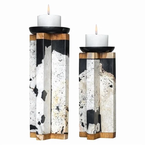 Uttermost Illini Wood Stone and Resin Candleholder in White and Black (Set of 2) - Picture 1 of 4