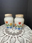 Vintage Fire King Tulip Milk Glass White Salt & Pepper Shakers w/Original Lids