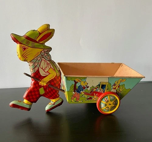 Vintage 1950s Easter Bunny Rabbit Pulling Cart Tin Litho ~ J Chein & Co 11" Toy