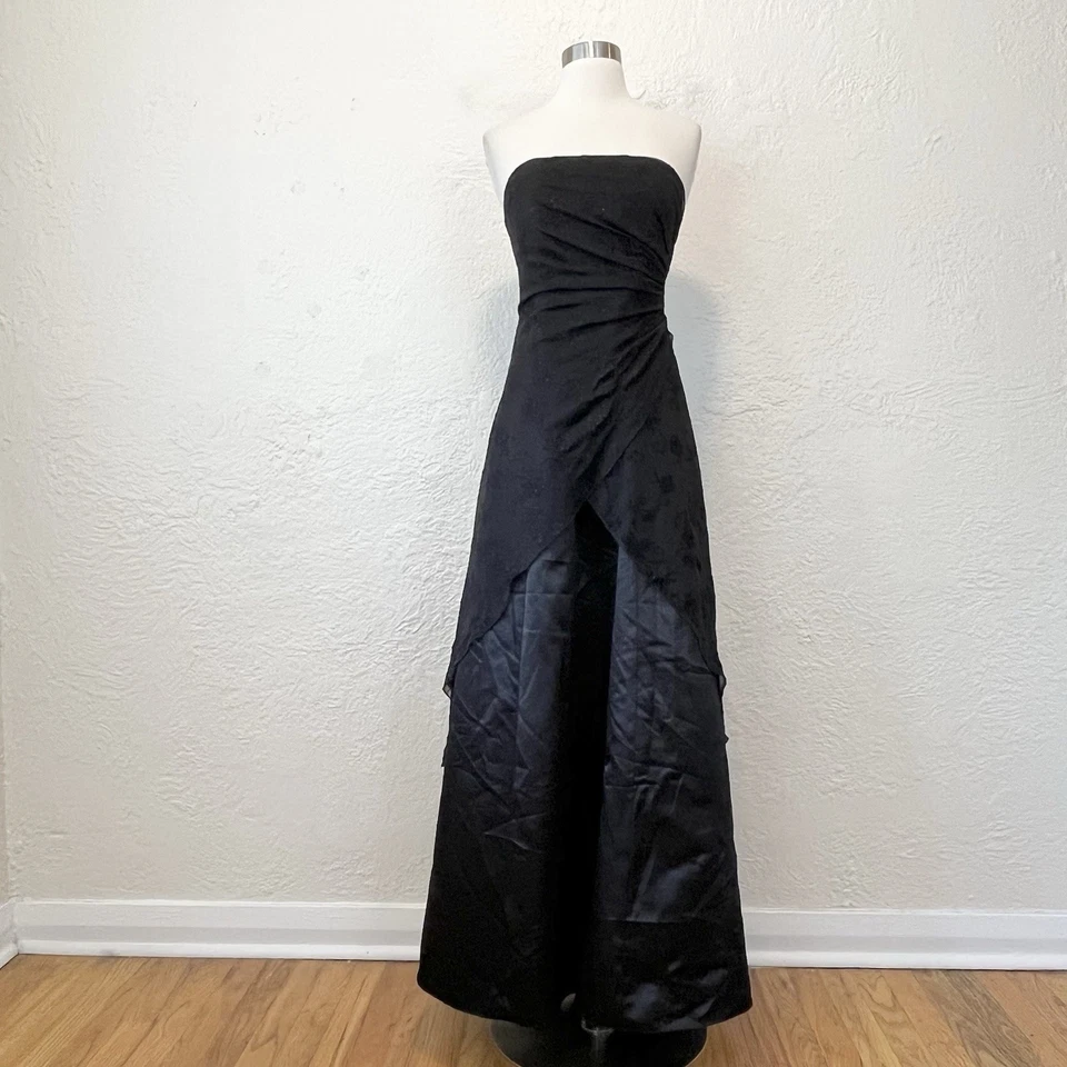 Vintage Dress Gown 90s Y2K Whimsigoth Goth Black Floral Satin Mesh XS Formal - Image 3 of 4