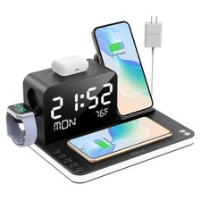 7-in-1 Wireless Charging Station with Clock, Bluetooth Time Sync  Black