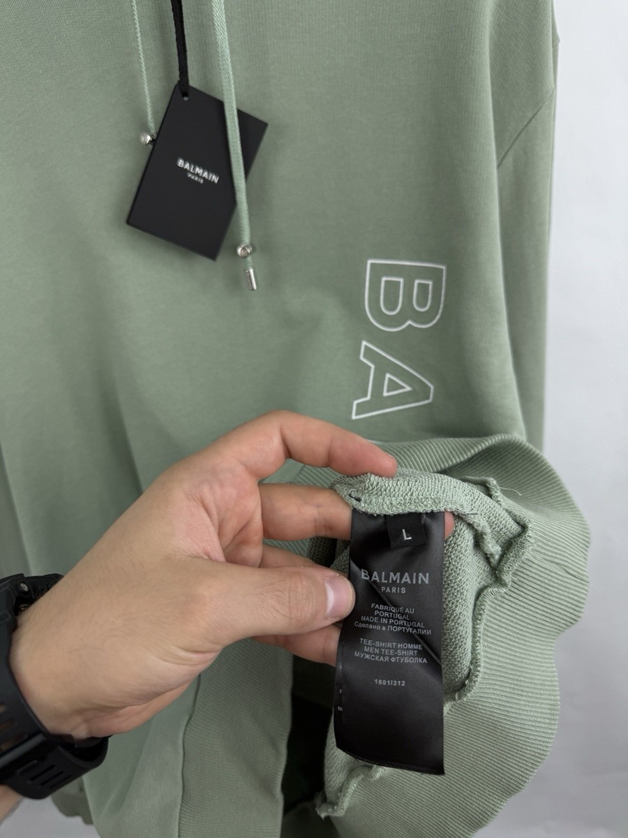 🇫🇷 ❗️NEW Balmain Paris Logo-Embossed Green Terry Hoodie Size L