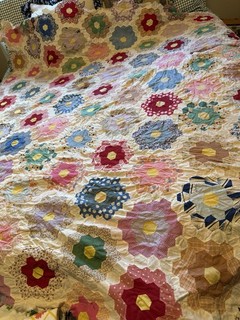 Vintage Hand Pieced Hexagon Grandmother's Flower Garden Quilt Top 66x70" 1.5"Hex