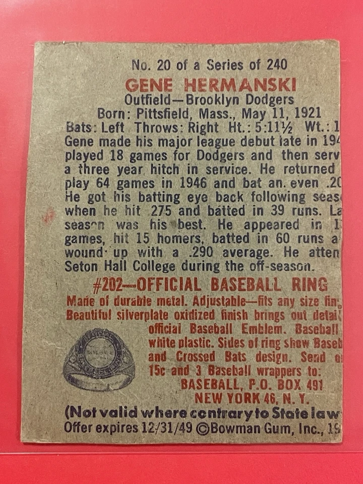 1949 Bowman Gene Hermanski Gray Back #20 Vintage Baseball Brooklyn Dodgers - Image 2 of 2