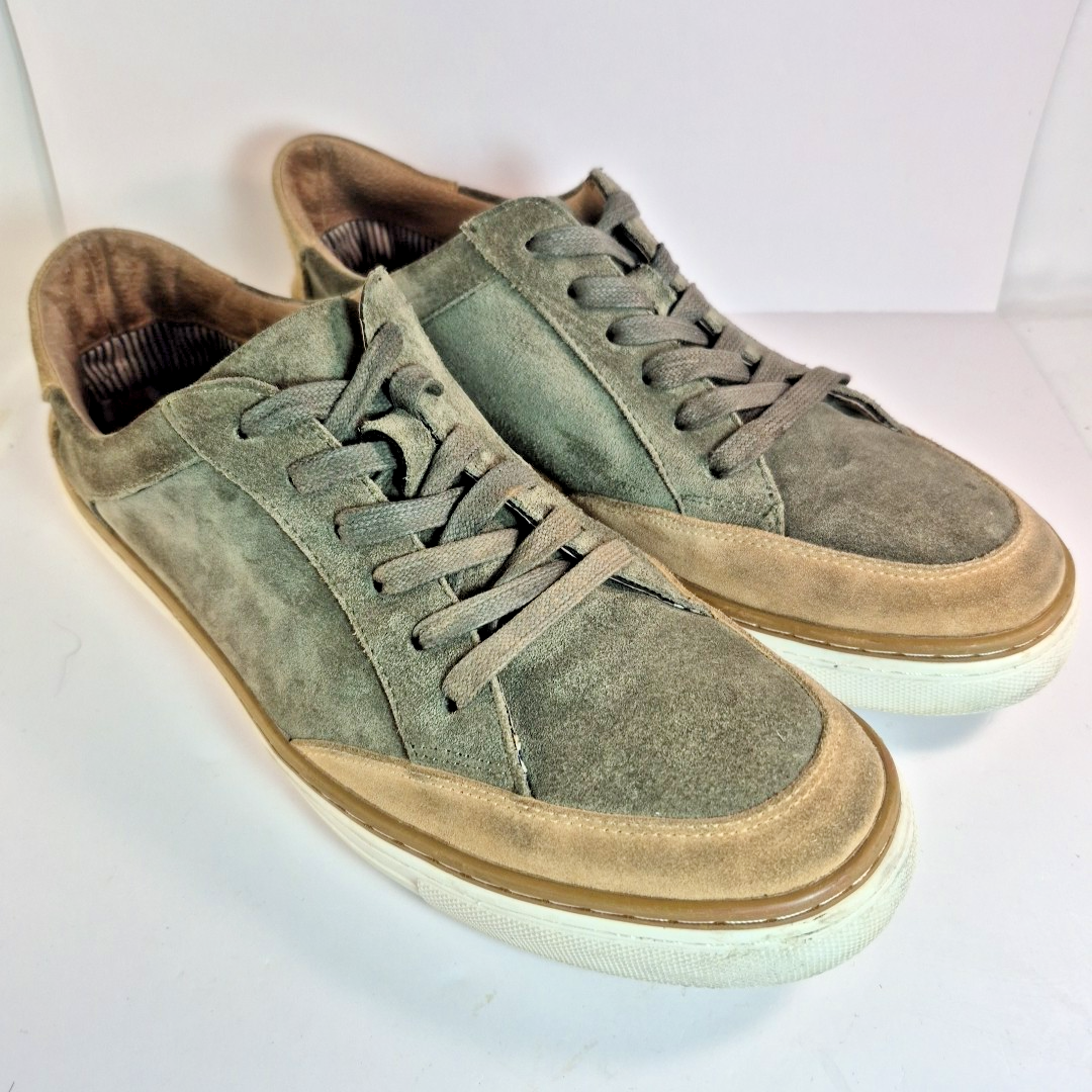 SAOLA Scarpe lavanderia inglesi uomo taglia 10 verde marrone stringate scamosciate suola bianca EL2325L