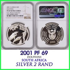 1 OZ SILVER DOLPHINS 2001 SOUTH AFRICA 2 RAND NGC PF69 R2 PROOF MARINE SERIES