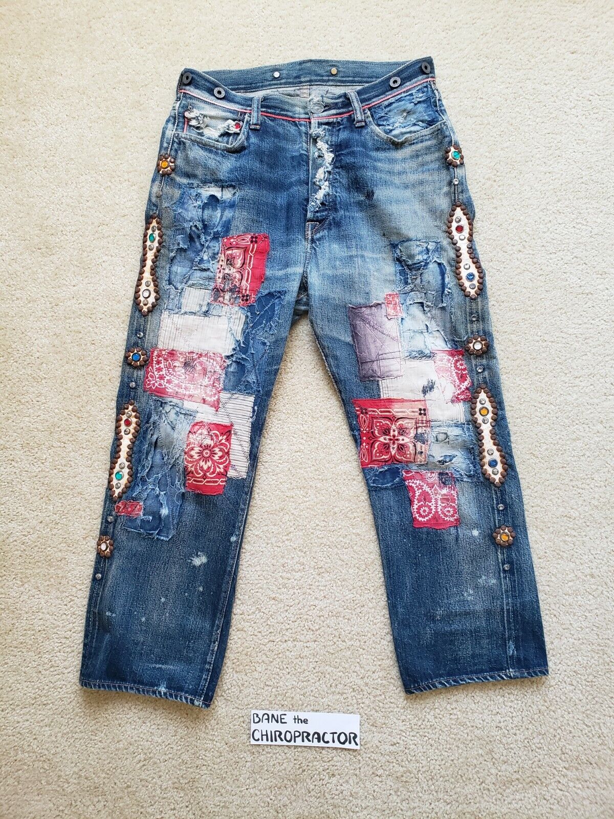 Kapital KOUNTRY Distressed Bandana Gem Studded Selvedge Patchwork Denim  Jeans 31