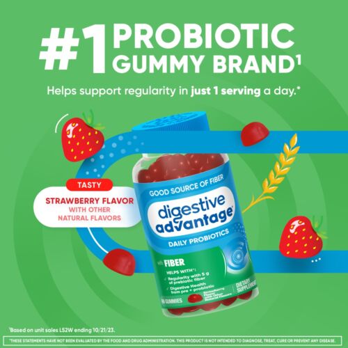Digestive Advantage Probiotic Prebiotic Fiber Gummies 60 Count Strawberry Flavor - Picture 3 of 16