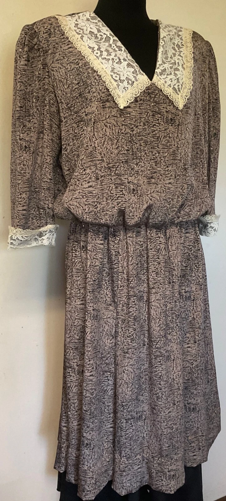 Vintage 1980s Black Patterned Dress with Lace Collar & Cuff-Large-Lorac Original